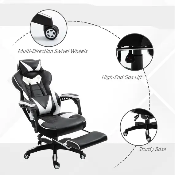 Buy Vinsetto Ergonomic Racing Gaming Chair Office Desk Chair Adjustable Height Recliner with Wheels, Headrest,Lumbar Support Retractable Footrest, White, 6 image