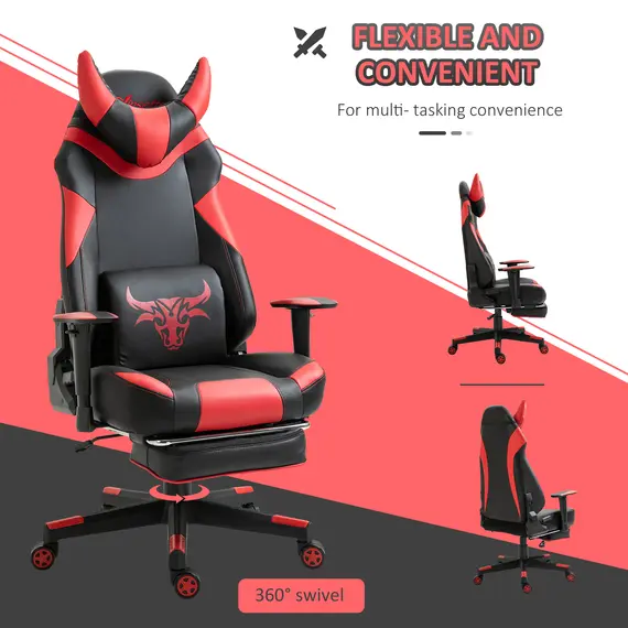 Buy Vinsetto High-Back Gaming Chair Swivel Home Office Computer Racing Gamer Desk Chair Faux Leather with Footrest, Wheels, Black Red, 3 image