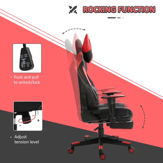 Buy Vinsetto High-Back Gaming Chair Swivel Home Office Computer Racing Gamer Desk Chair Faux Leather with Footrest, Wheels, Black Red, 5 image