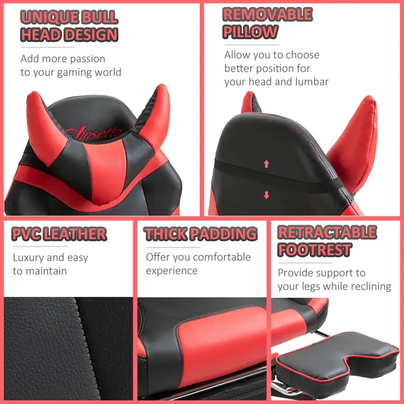 Buy Vinsetto High-Back Gaming Chair Swivel Home Office Computer Racing Gamer Desk Chair Faux Leather with Footrest, Wheels, Black Red, 6 image