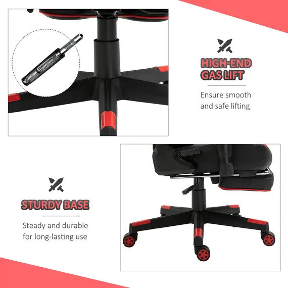 Buy Vinsetto High-Back Gaming Chair Swivel Home Office Computer Racing Gamer Desk Chair Faux Leather with Footrest, Wheels, Black Red, 7 image