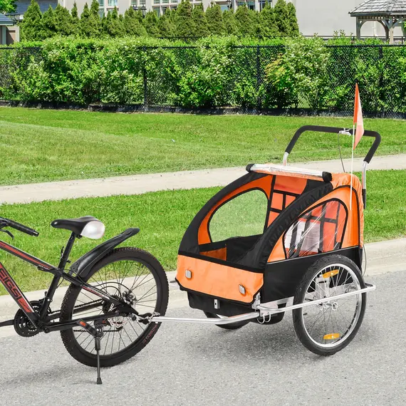 Buy HOMCOM Collapsible Bike Trailer 2-Seater for Baby Bicycle with Pivot Wheel Suitable For 18 Month + Child Orange