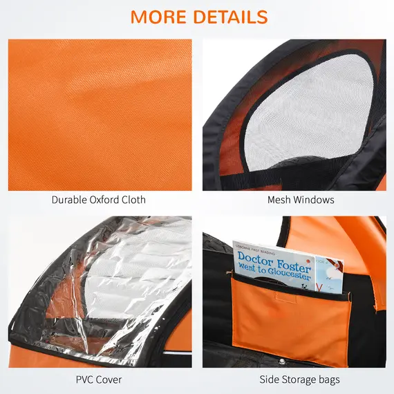 Buy HOMCOM Collapsible Bike Trailer 2-Seater for Baby Bicycle with Pivot Wheel Suitable For 18 Month + Child Orange, 4 image