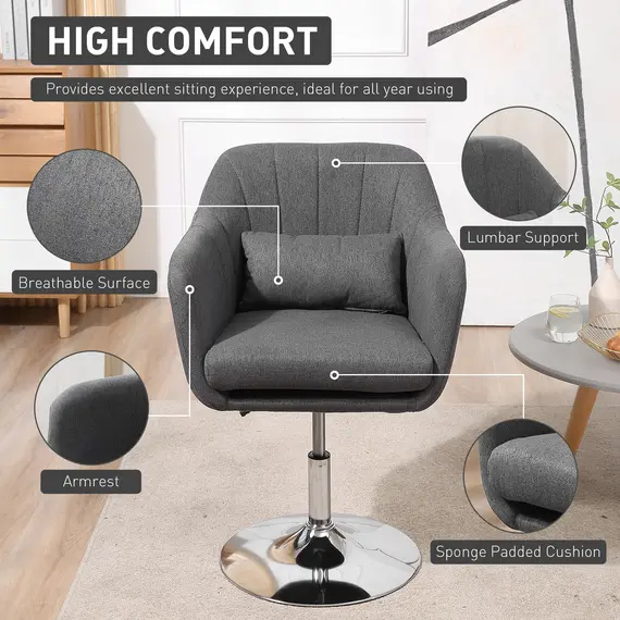 Buy HOMCOM Swivel Accent Chair for Living Room Contemporary Vanity Armchair with Adjustable Height Thick Cushion Lumbar Support Armrest Dark Grey, 5 image