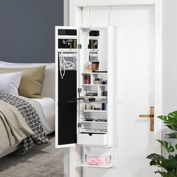 Buy Jewellery Storage Mirror Cabinet Wall Mounted or Door Hanging w/ Hooks Shelves Drawer 18 Lights Brush Holder Vanity Makeup White