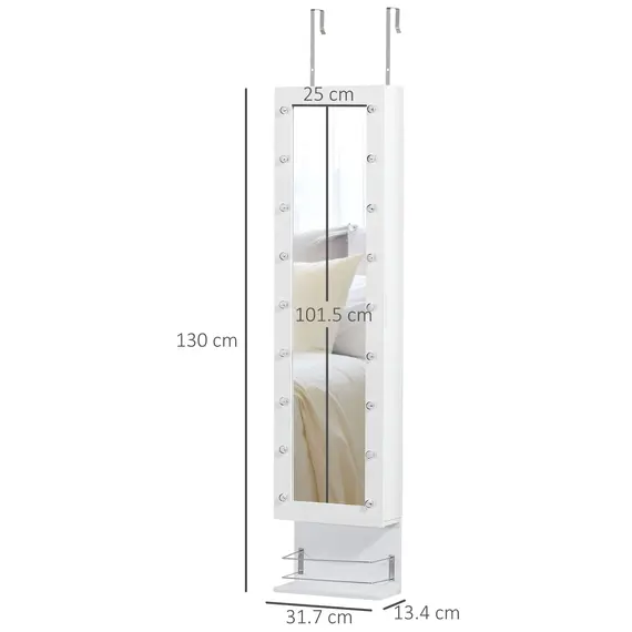 Buy Jewellery Storage Mirror Cabinet Wall Mounted or Door Hanging w/ Hooks Shelves Drawer 18 Lights Brush Holder Vanity Makeup White, 2 image