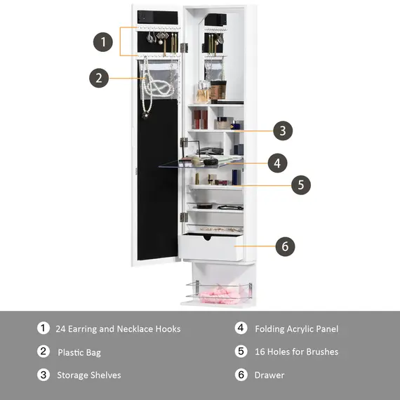 Buy Jewellery Storage Mirror Cabinet Wall Mounted or Door Hanging w/ Hooks Shelves Drawer 18 Lights Brush Holder Vanity Makeup White, 5 image