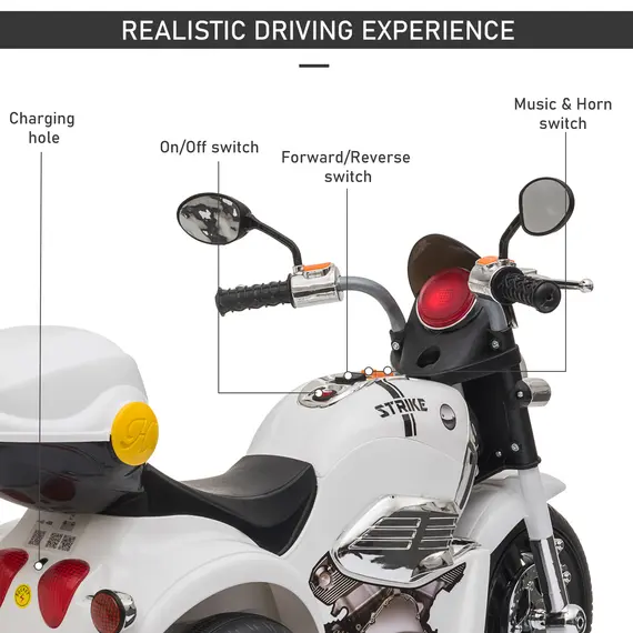 Buy Kids 6V Battery PP Motorcycle Ride On Trike w/ Lights Music Horn 18 - 36 Months White, 4 image