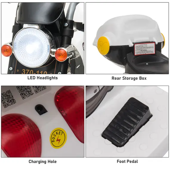 Buy Kids 6V Battery PP Motorcycle Ride On Trike w/ Lights Music Horn 18 - 36 Months White, 6 image