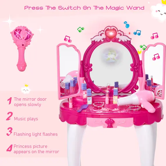 Buy Kids Pretend Play Plastic Vanity Table Set w/ Sound Effect Pink, 4 image