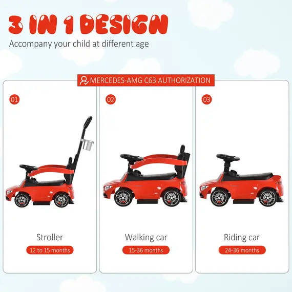 Buy Toddlers Push Along Car Licensed PP Mercedes-Benz Ride On Stroller Red, 3 image