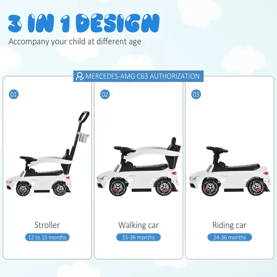 Buy Toddlers Push Along Car Licensed PP Mercedes-Benz Ride On Stroller White, 3 image