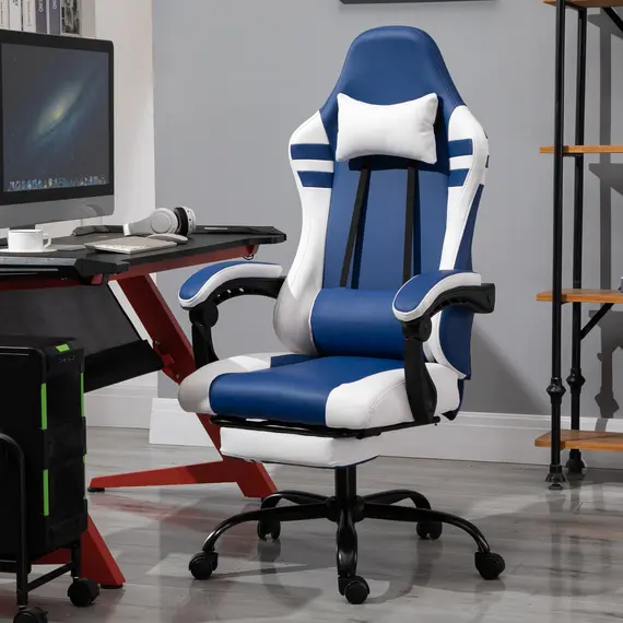 Buy Vinsetto PU Leather Gaming Chair w/ Headrest, Footrest, Wheels, Adjustable Height, Racing Gamer Recliner, Blue White