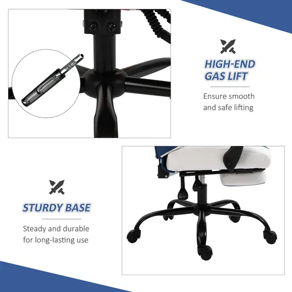 Buy Vinsetto PU Leather Gaming Chair w/ Headrest, Footrest, Wheels, Adjustable Height, Racing Gamer Recliner, Blue White, 5 image