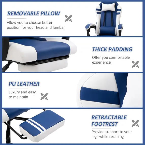 Buy Vinsetto PU Leather Gaming Chair w/ Headrest, Footrest, Wheels, Adjustable Height, Racing Gamer Recliner, Blue White, 7 image