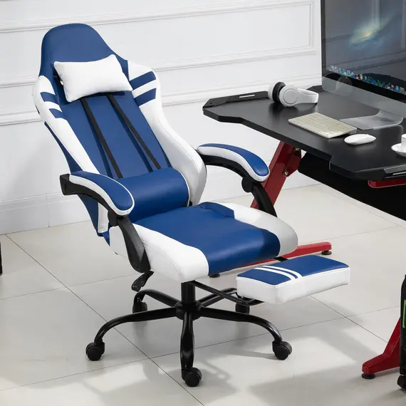 Buy Vinsetto PU Leather Gaming Chair w/ Headrest, Footrest, Wheels, Adjustable Height, Racing Gamer Recliner, Blue White, 8 image