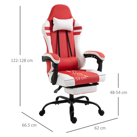 Buy Vinsetto PU Leather Gaming Chair w/ Headrest, Footrest, Wheels, Adjustable Height, Racing Gamer Recliner, Red White, 2 image