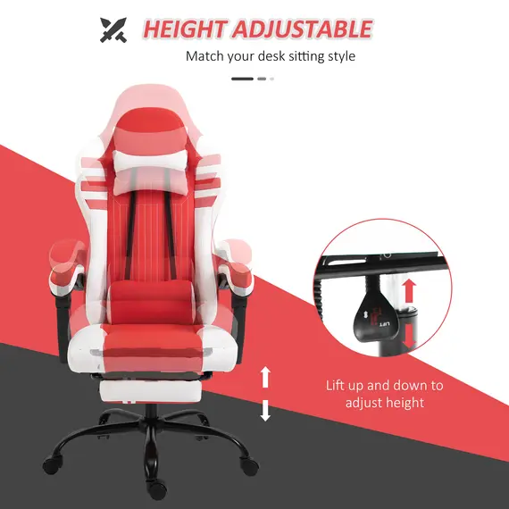 Buy Vinsetto PU Leather Gaming Chair w/ Headrest, Footrest, Wheels, Adjustable Height, Racing Gamer Recliner, Red White, 3 image