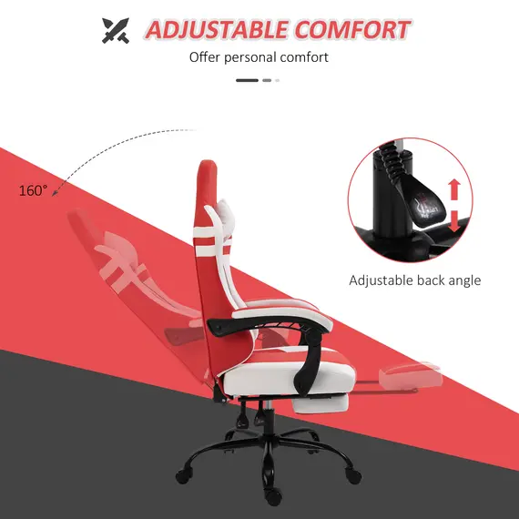 Buy Vinsetto PU Leather Gaming Chair w/ Headrest, Footrest, Wheels, Adjustable Height, Racing Gamer Recliner, Red White, 4 image
