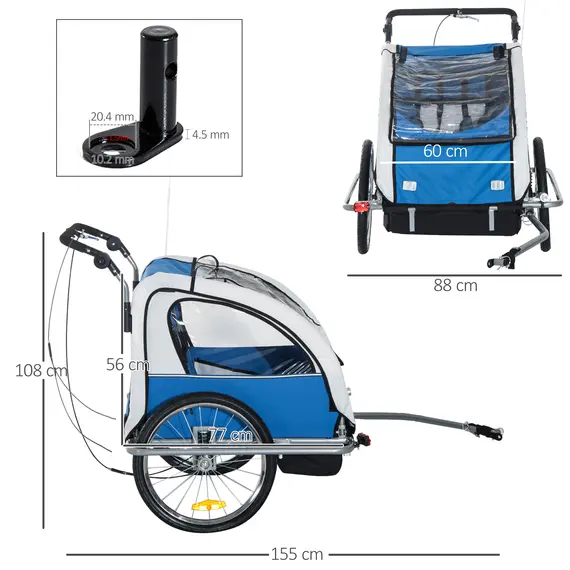 Buy HOMCOM Bike Trailer 2-Seater for Bicycle Baby Child Jogger with Removable Canopy Storage Pocket Outdoor Steel Frame Blue, 2 image