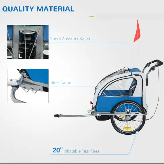 Buy HOMCOM Bike Trailer 2-Seater for Bicycle Baby Child Jogger with Removable Canopy Storage Pocket Outdoor Steel Frame Blue, 4 image
