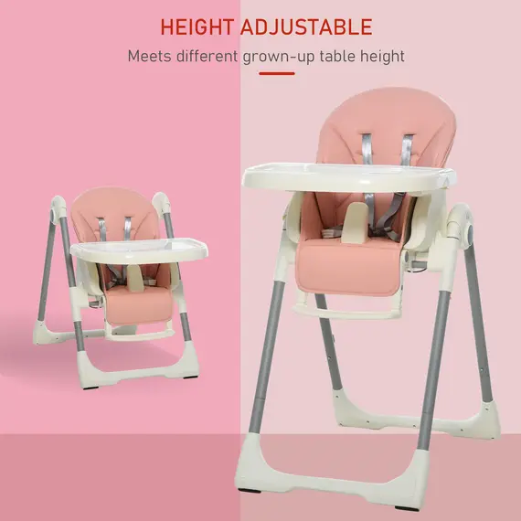 Buy HOMCOM Foldable Baby High Chair Convertible to Toddler Chair Height Adjustable with Removable Tray 5-Point Harness Mobile with Wheels Pink, 3 image