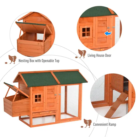 Buy PawHut 170cm Deluxe Chicken Coop Small Animal Habitat Hen House W/ Resting Nesting Box Removable Tray Waterproof Roof Lockable Door Orange, 5 image