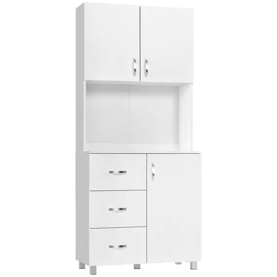 Buy Free standing Kitchen Cupboard, Storage Cabinet with Doors and Sheleves, 3 drawers and Open Space, Adjustable Height Storage Unit, White