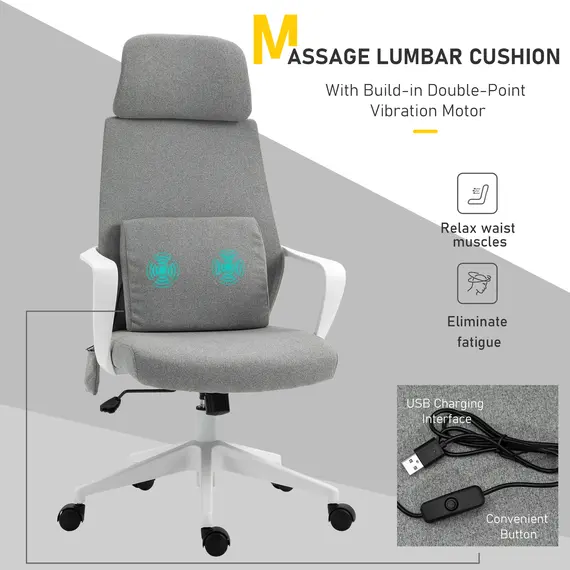 Buy Vinsetto Ergonomic Office Chair & Massage Pillow Adjustable Height Headrest w/ Wheels High Back Armrest Rocking Home Study Grey, 4 image