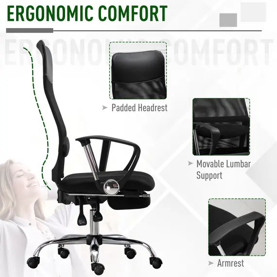 Buy Vinsetto High Back Mesh Executive Office Chair Ergonomic Computer Desk Napping Seat, Height Adjustable, Swivel with Footrest and Lumbar Support, 5 image