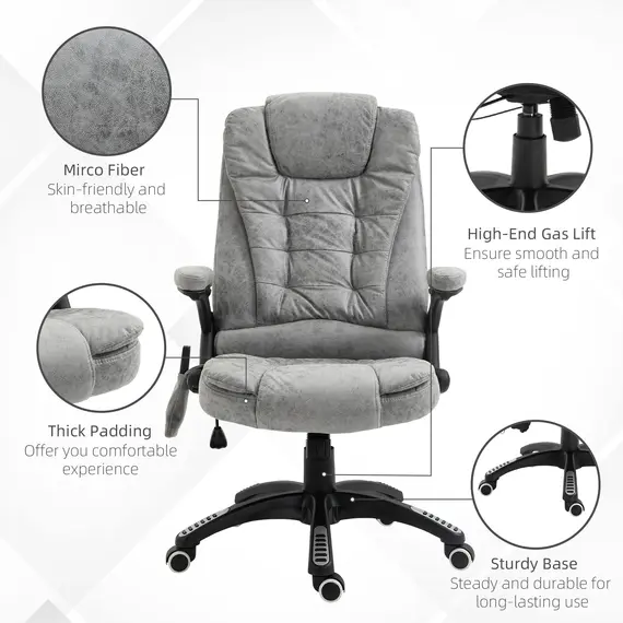 Buy Vinsetto Massage Office Chair Recliner Ergonomic Gaming Heated Home Office Padded  Leathaire Fabric & Swivel Base Grey, 7 image