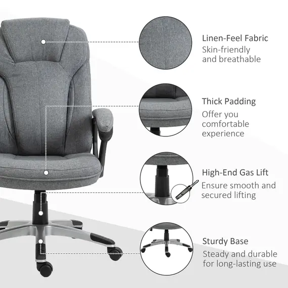Buy Vinsetto Office Chair Linen Padded Ergonomic Office Chair w/ Swivel Adjustable Seat High Back Armrests Headrest Stylish Work Seat Rocking Grey, 6 image