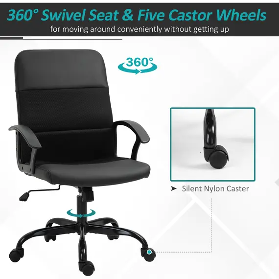 Buy Vinsetto PU Leather & Mesh Panel Blend Office Chair Swivel Seat w/ Padding Ergonomic Desk Adjustable Height Tilt 5 Wheels Stylish Black, 6 image