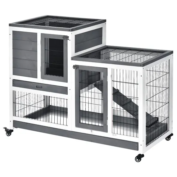 Buy Wooden Indoor Rabbit Hutch Guinea Pig House Bunny Small Animal Cage W/ Wheels Enclosed Run 110 x 50 x 88 cm, Grey