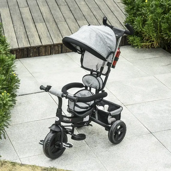 Buy HOMCOM Baby Tricycle Stroller/ Kid Trike with Parent Push Handle Adjustable Canopy Detachable Guardrail Safety Belt  Storage Bag Grey