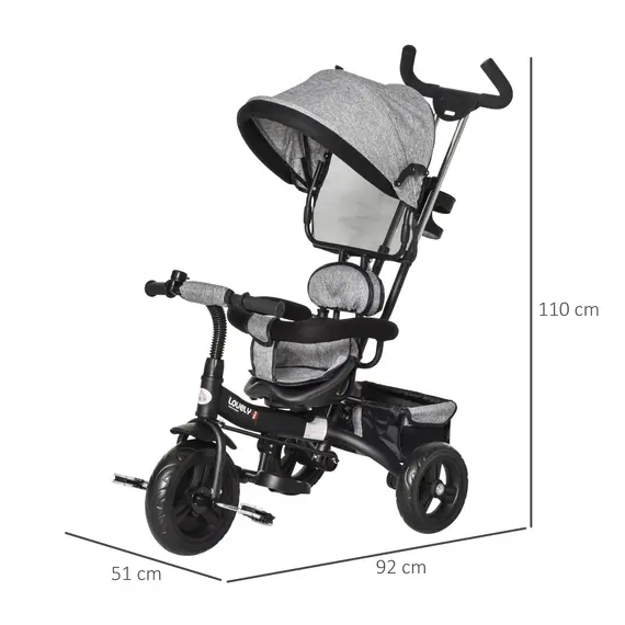 Buy HOMCOM Baby Tricycle Stroller/ Kid Trike with Parent Push Handle Adjustable Canopy Detachable Guardrail Safety Belt  Storage Bag Grey, 2 image