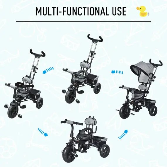 Buy HOMCOM Baby Tricycle Stroller/ Kid Trike with Parent Push Handle Adjustable Canopy Detachable Guardrail Safety Belt  Storage Bag Grey, 3 image