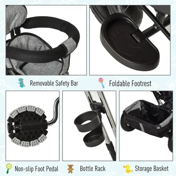 Buy HOMCOM Baby Tricycle Stroller/ Kid Trike with Parent Push Handle Adjustable Canopy Detachable Guardrail Safety Belt  Storage Bag Grey, 5 image