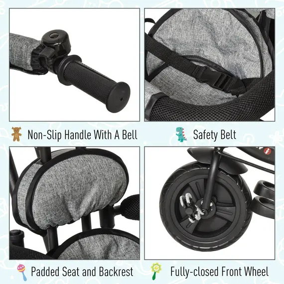 Buy HOMCOM Baby Tricycle Stroller/ Kid Trike with Parent Push Handle Adjustable Canopy Detachable Guardrail Safety Belt  Storage Bag Grey, 6 image