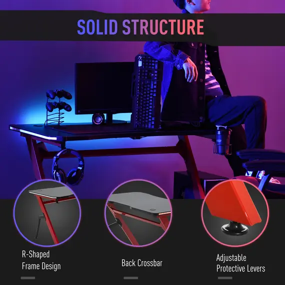 Buy HOMCOM Gaming Desk Racing Style Home Office Ergonomic Computer Table Workstation with RGB LED Lights, Hook, Cup Holder, Controller Rack Black Red, 6 image