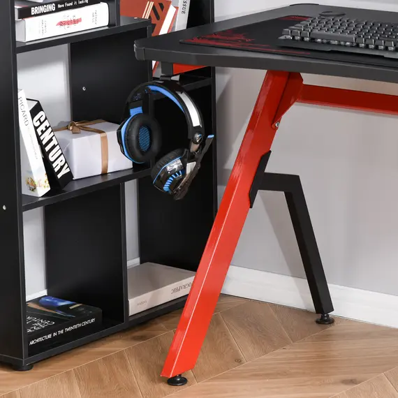 Buy HOMCOM Gaming Desk Racing Style Home Office Ergonomic Computer Table Workstation with RGB LED Lights, Hook, Cup Holder, Controller Rack Black Red, 8 image