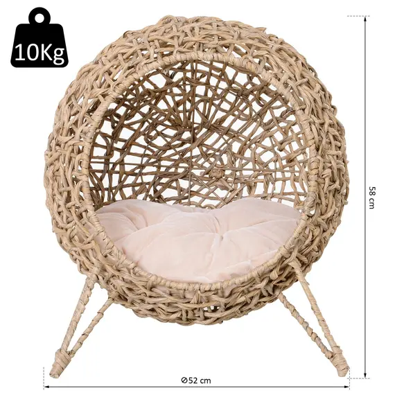 Buy Hooded Rattan Wicker Elevated Cat House Kitten Pussy Basket Ball Shaped Bed Pet Furniture with Removable Cushion Natural, 2 image