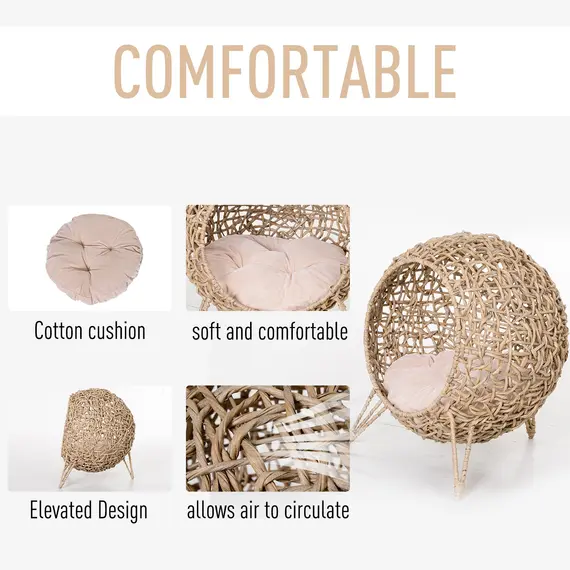 Buy Hooded Rattan Wicker Elevated Cat House Kitten Pussy Basket Ball Shaped Bed Pet Furniture with Removable Cushion Natural, 5 image