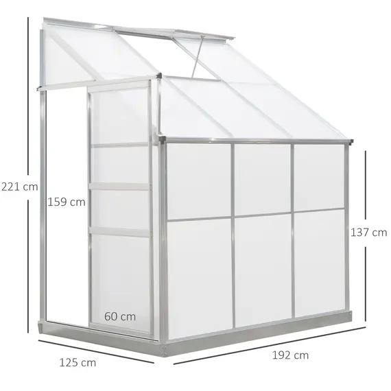 Buy Outsunny Walk-In Lean to Greenhouse Garden Heavy Duty Aluminium Polycarbonate with Roof Vent for Plants Herbs Vegetables, Silver, 6 x 4ft, 2 image