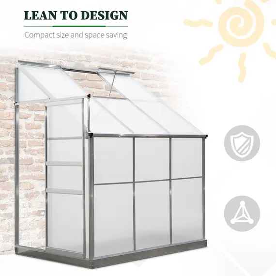 Buy Outsunny Walk-In Lean to Greenhouse Garden Heavy Duty Aluminium Polycarbonate with Roof Vent for Plants Herbs Vegetables, Silver, 6 x 4ft, 4 image