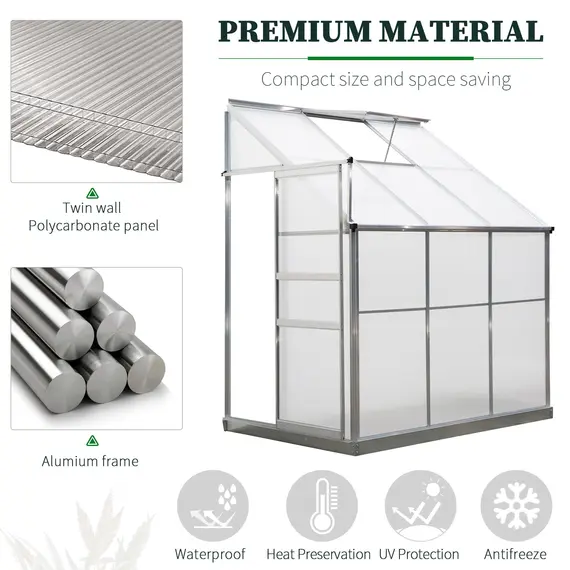 Buy Outsunny Walk-In Lean to Greenhouse Garden Heavy Duty Aluminium Polycarbonate with Roof Vent for Plants Herbs Vegetables, Silver, 6 x 4ft, 5 image