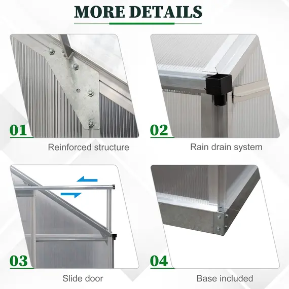 Buy Outsunny Walk-In Lean to Greenhouse Garden Heavy Duty Aluminium Polycarbonate with Roof Vent for Plants Herbs Vegetables, Silver, 6 x 4ft, 7 image