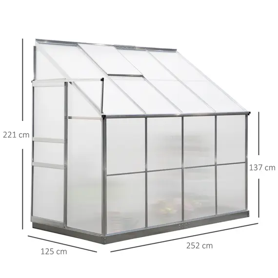 Buy Outsunny Walk-In Lean to Greenhouse Garden Heavy Duty Aluminium Polycarbonate with Roof Vent for Plants Herbs Vegetables, Silver, 8 x 4ft, 2 image