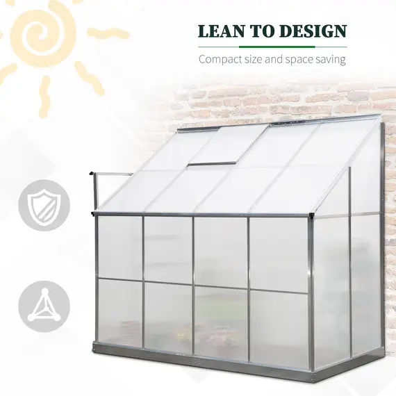 Buy Outsunny Walk-In Lean to Greenhouse Garden Heavy Duty Aluminium Polycarbonate with Roof Vent for Plants Herbs Vegetables, Silver, 8 x 4ft, 6 image