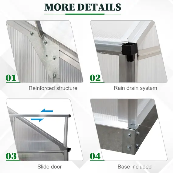Buy Outsunny Walk-In Lean to Greenhouse Garden Heavy Duty Aluminium Polycarbonate with Roof Vent for Plants Herbs Vegetables, Silver, 8 x 4ft, 7 image